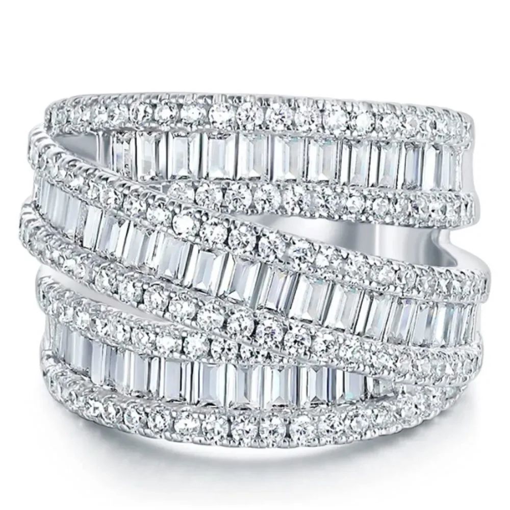 18K White Gold and 3 Row White Diamond Cubic Zirconia Wide Band Ring